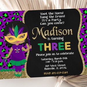 Invitation de fête de mardi gras, fête d&#39;anniversaire, fille, enfants, enfant, mardi gras, mascarade, inviter, numérique ou imprimé