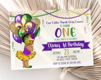 May include: A purple and green Mardi Gras themed first birthday invitation with a cartoon illustration of a little girl wearing a purple dress and a gold mask. The text reads "Our Little Mardi Gras Queen is turning ONE. Please join us to celebrate Olivia's 1st Birthday. December 23, 3:00 PM. The Williams Residence, 354 West Street, Easton. RSVP to Jessie at 354-390-3425."
