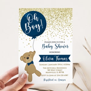 Teddy Bear Boy Baby doccia invito, orsacchiotto, orso, baby shower, invito, ragazzo, blu, oro, neonato, digitale o stampato