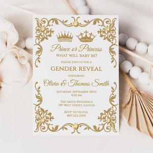 Principe o principessa Gender Reveal Invitation, Boy, Girl, Gold, Crown, Royal, Throne, Chair, Prince, Princess, Digital o Printed