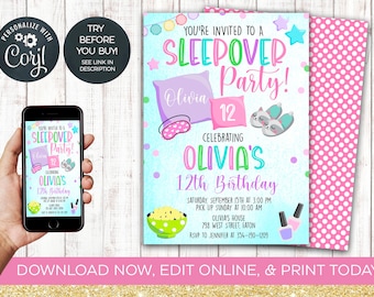 Editable Slumber Party Sleepover Invitation, Girls Pajama Birthday Party Invitation, Slumber Party Invite,  Instant Download