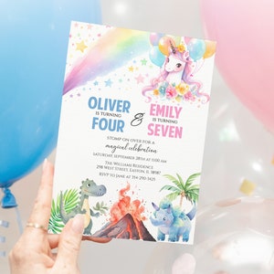 ユニコーンと恐竜の誕生日招待状、兄弟の誕生日、合同誕生日パーティー、恐竜、ユニコーン、男の子と女の子、デジタルまたは印刷