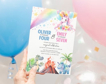 Unicorn and Dinosaur Birthday Invitation, Sibling Birthday, Joint Birthday Party, Dinosaurs, Unicorns, Boy and Girl, Digital or Printed