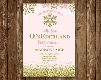 May include: A pink and gold invitation for a Winter Wonderland celebration. The invitation features a snowflake design and the text "You're invited to a Winter Wonderland Celebration honouring Madison Paige".