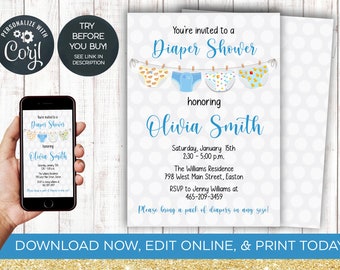 Diaper Shower Invitation, Diaper, Wipes, Baby Shower, Party, Boy, Baby Shower, Diapers, Blue, Nappy, Shower, Editable, INSTANT DOWNLOAD