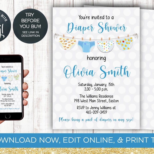 Diaper Shower Invitation, Diaper, Wipes, Baby Shower, Party, Boy, Baby Shower, Diapers, Blue, Nappy, Shower, Editable, INSTANT DOWNLOAD