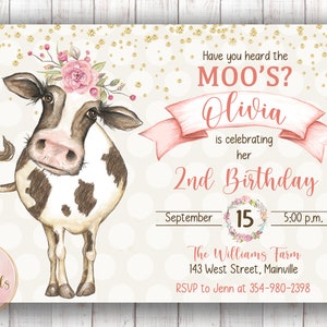 Cow Birthday Invitation, Cow, Birthday, Party, Girl, Farm, Baby Girl, Digital or Printed