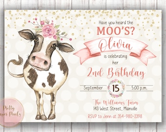 Cow Birthday Invitation, Cow, Birthday, Party, Girl, Farm, Baby Girl, Digital or Printed