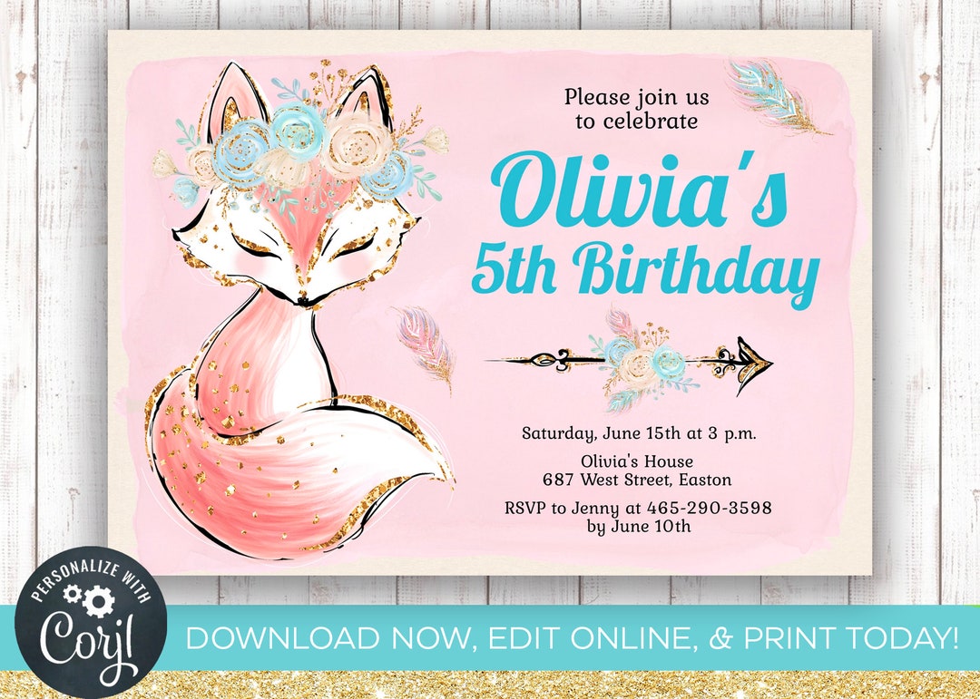 INSTANT DOWNLOAD, Fox Birthday Party Invitation, Fox, Girl, Boho, Pink