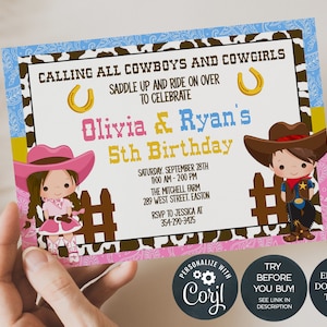 Vaquero vaquera niño y niña hermano invitación fiesta de cumpleaños conjunta - Descarga digital instantánea - Plantilla editable