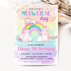 Caticorn Katze Einhorn Regenbogen Geburtstagsparty Einladung, Katze, Kitty, Rosa, Geburtstag, Meowgical, Kinder, Einladung, Paw-ty, Digital oder gedruckt