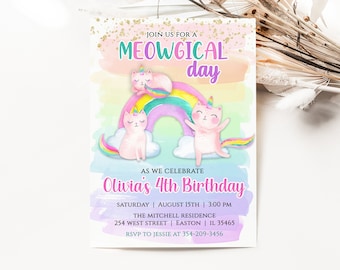 Caticorn Cat Unicorn Rainbow Birthday Party Invitation, Cat, Kitty, Pink, Birthday, Meowgical, Kids, Invitation, Paw-ty, Digital or Printed