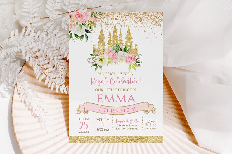 Princess Castle Birthday Party Invitation Princess Party Girl Pink Gold Floral Castle Digital or Printed