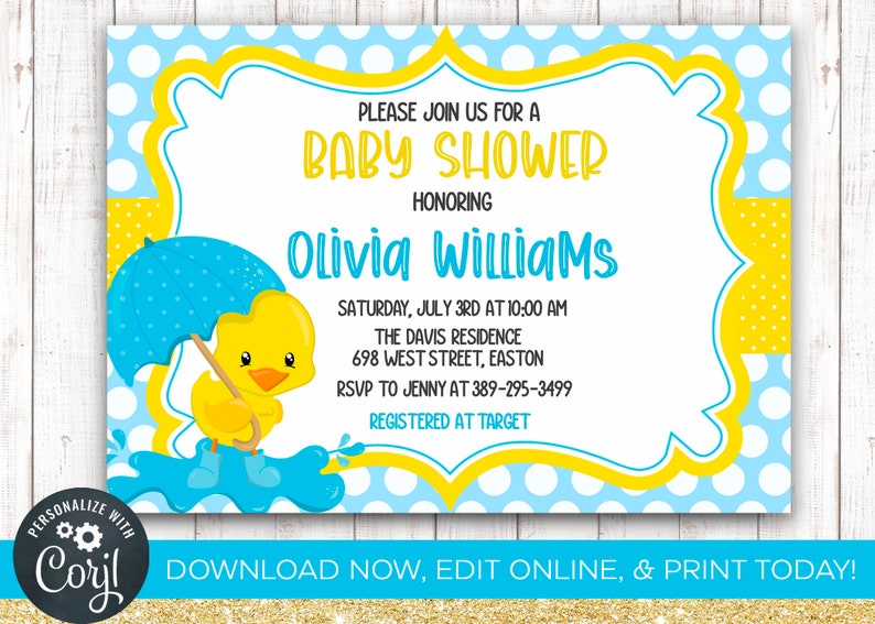 INSTANT DOWNLOAD Duck Boy Baby Shower Invitation Baby Shower Duck Ducky Blue Yellow Sprinkle Shower Umbrella Digital Download