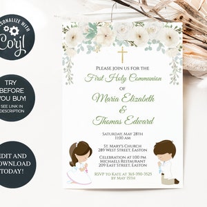 First Holy Communion Invitation Invitation, Joint, Brother, Sister, Cousins, Boy and Girl, Floral, Communion, Digital, Instant Download