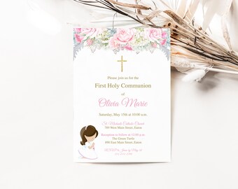 Invitación de Primera Comunión, Invitación de Comunión para Niña, Floral Rosa, Sagrada Comunión, Digital o Impresa