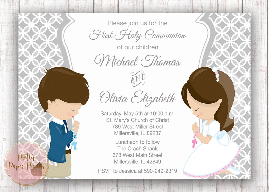 First Holy Communion Invitation for Siblings, Twins, Cousins, Choose Hair  Color, Choose Gender, Digital or Printed - Etsy, image size:1080x771