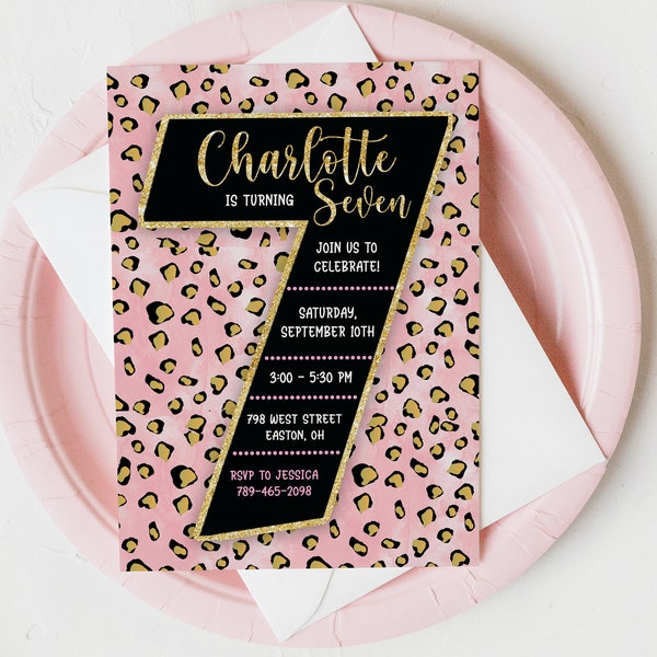 Cheetah Leopard Birthday Invitation, 7th Birthday Invitation, Girls Seven Seventh, Pink and Gold Safari Invite, Digital or Printed