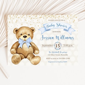 Invito per baby shower a forma di orsetto, ragazzo, neonato, baby shower, oro, blu, crema, orso, orsetto, orsetto maschio, doccia, digitale o stampato