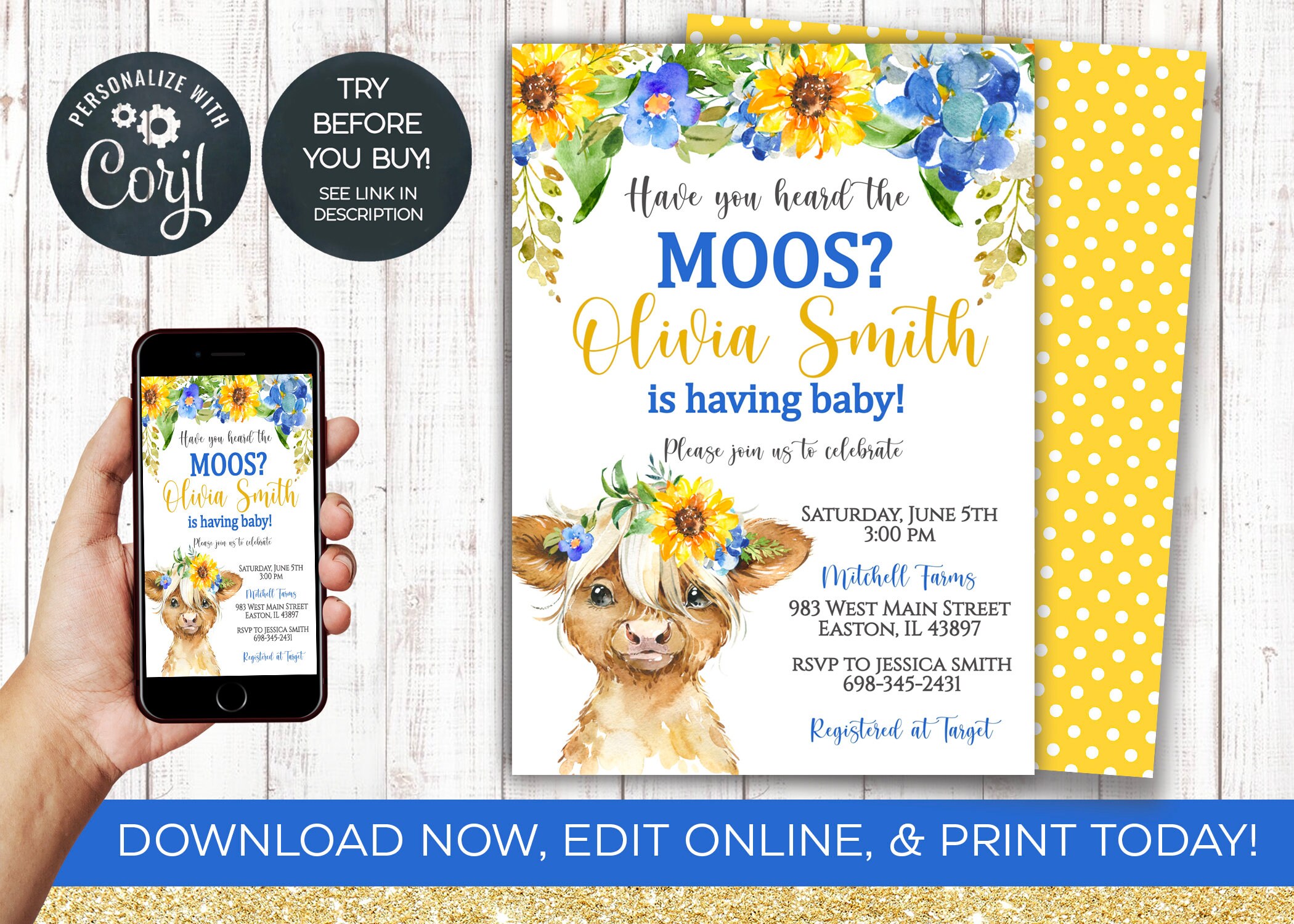 Cow Baby Shower Invitation Order Cow Highland Farm Animal Yellow Blue Boy Girl Digital Printable Download Instant
