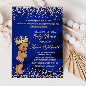 Invito baby shower principe, piccolo principe, blu reale, oro, neonato, elegante, digitale o stampato