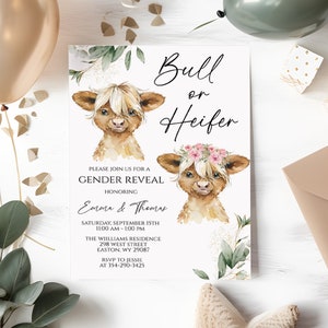 Invitación para fiesta de revelación de género de vaca, descarga instantánea (toro o vaquilla, él o ella, revelación de bebé), plantilla editable.