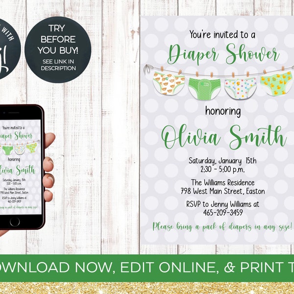 Diaper Shower Invitation, Diaper, Wipes, Neutral, Party, Boy, Girl, Baby Shower, Diapers, Green, Nappy, Shower, Editable, INSTANT DOWNLOAD