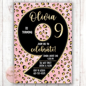 Cheetah Leopard Birthday Invitation, 9th Birthday Invitation, Safari, Nine, 9th, Girl, Pink, Gold, Digital or Printed