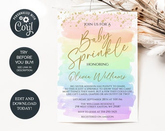 Rainbow Baby Sprinkle Invitation, Baby Girl, Sprinkle, Baby Shower, Girl, Rainbow, Gold, Party, Invite, Digital, Instant Download