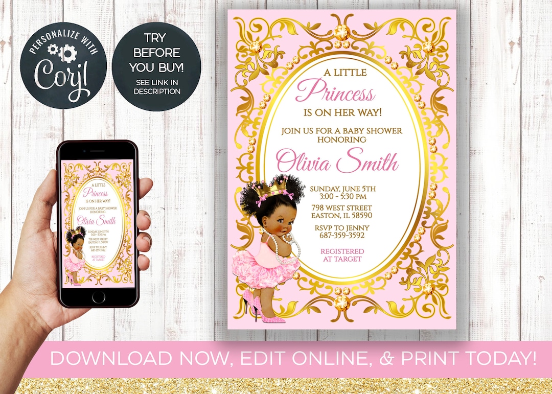 Princess Baby Shower Invitation, Baby Shower, Balloons, Gold, Pink ...