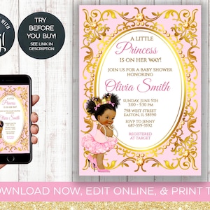 Princess Baby Shower Invitation, Baby Shower, Balloons, Gold, Pink, Baby Girl, Royal, Princess, Printable, Editable, INSTANT DOWNLOAD