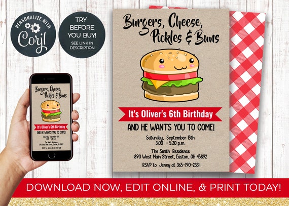 Burger Birthday Party Invitation Cheeseburger Burger | Etsy