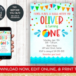 INSTANT DOWNLOAD, Beach Ball 1st Birthday Invitation, Summer, Water, Ball, One, First, 1, 2st, Invite, Pool, Editable, Digital