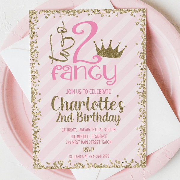 Two Fancy 2nd Birthday Party Invitation, Pink. Gold, 2nd Birthday, Two, 2, Fancy, Princess, Invitation, Invite, Digital or Printed