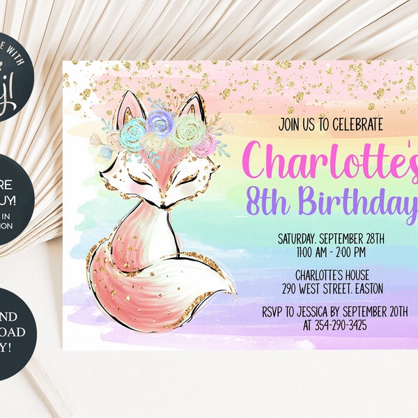 INSTANT DOWNLOAD, Fox Rainbow Birthday Party Invitation, Fox, Girl, Boho, Rainbow, Pink, Gold, Child, Teen, Tween, Editable, Digital