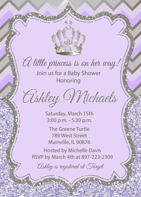 Princess Baby Shower Invitation Purple Silver Glitter Etsy