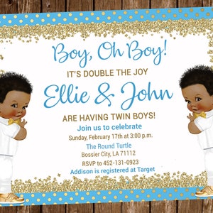 Invito per baby shower gemelli, gemelli, gemelli, ragazzo, oro, blu, invito, baby shower, digitale o stampato