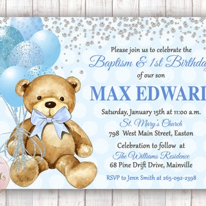 Invito per il primo compleanno del battesimo dell'orso, ragazzo, neonato, orsacchiotto, blu, argento, battesimo, compleanno, uno, primo, 1°, digitale o stampato