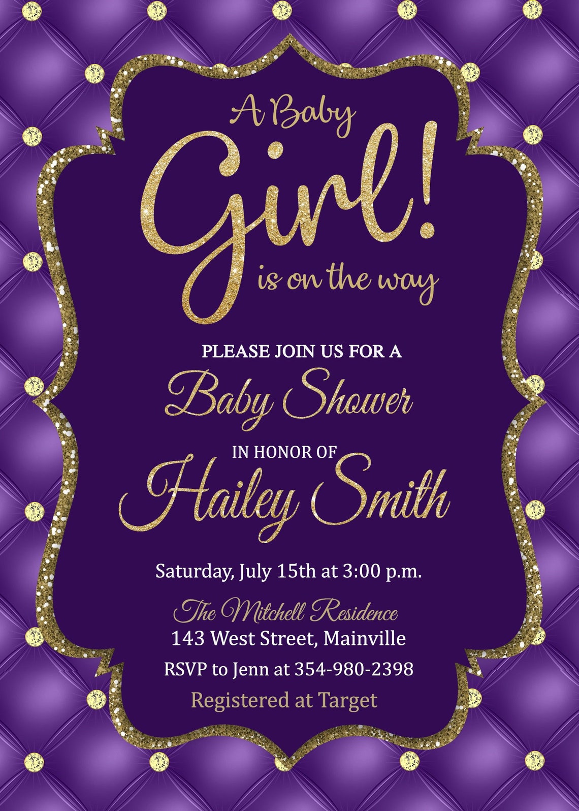 Baby Shower Invitation Purple Gold Glitter Girl Royal - Etsy