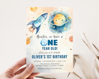 Invitación de primer cumpleaños del espacio exterior, nave espacial, Houston, un año, primer cumpleaños, niño, niña, digital o impresa