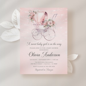 Baby Girl Baby Shower Uitnodiging - Baby Girl - Roze en Zilver - Kinderwagen - Elegant Classy Invite - Digitaal of gedrukt