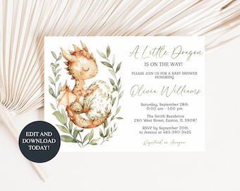 Invitación para baby shower con temática de dragón, baby shower para niño, bebé dragón, baby shower con temática de dragón, fantasía, plantilla digital editable, descarga instantánea