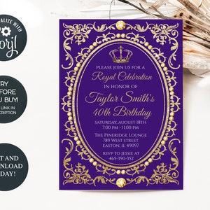 Instant Download - Royal Birthday Party Invitation - King Queen - Purple Gold - Prince Princess , Editable Digital DIY Template