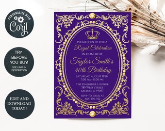 Instant Download - Royal Birthday Party Invitation - King Queen - Purple Gold - Prince Princess , Editable Digital DIY Template