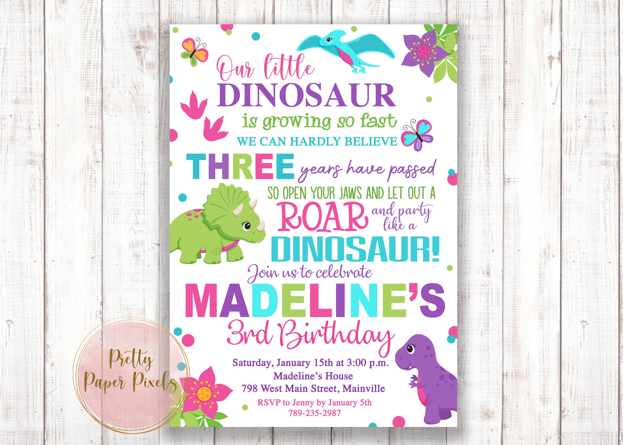 Dinosaur Birthday Invitation Girl Dino Dinosaur Girl Etsy