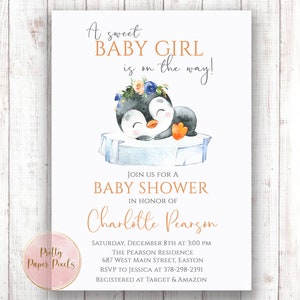 Penguin Baby Shower Invitation, Penguin, Baby Girl, Girl, Baby Shower, Winter, Snow, Digital or Printed