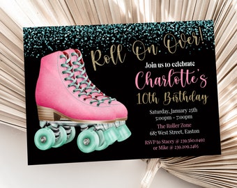 Roller Skate Birthday Party Invitation, Skating, Roller Skating, Pink, Black, Gold, Girl, Party, Birthday, Invitation, Digital or Printed
