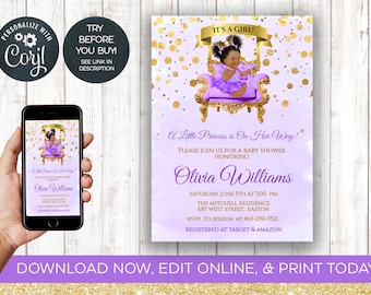 INSTANT DOWNLOAD, Princess Baby Shower Invitation, Princess, Queen, Crown, Girl, Baby, Shower, Purple, Gold, Invite, Digital