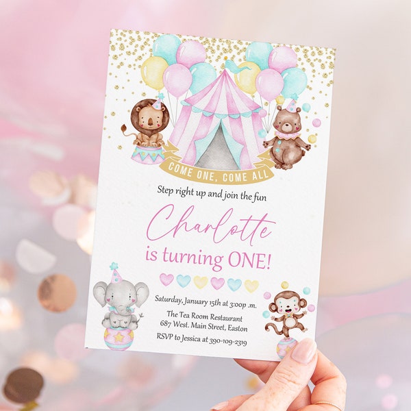 Instant Download - Circus Girl First Birthday Party Invitation - Any Age - Carnival Invite - Pink Gold - Big Top Party - Editable Template