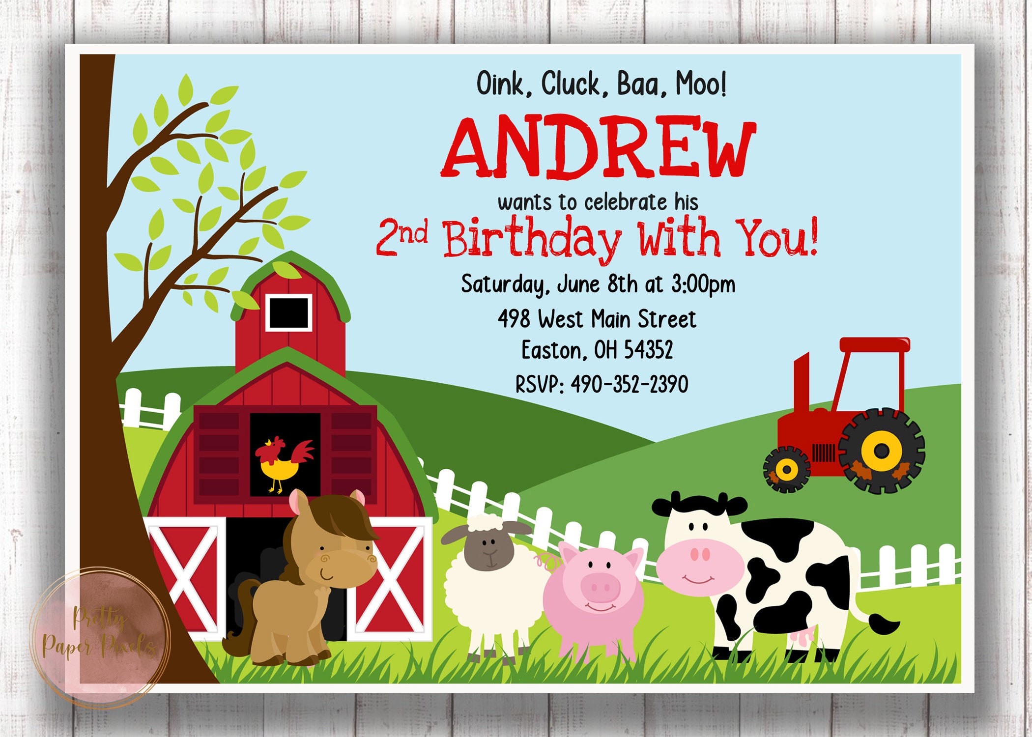 Farm Birthday Party Invitation Farm Animal Cow Barn Horse Etsy